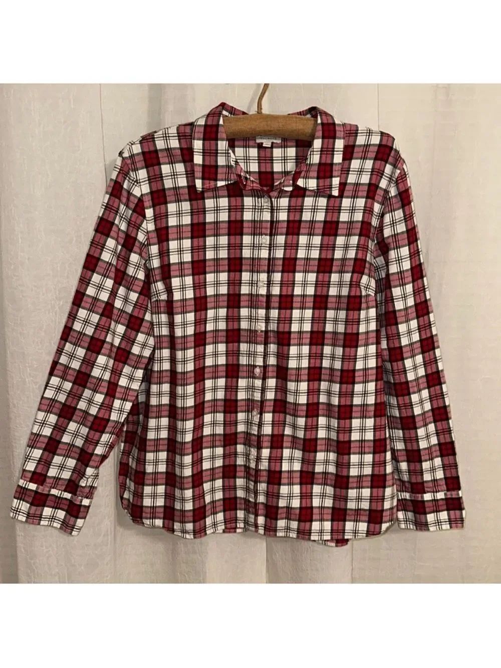 Talbots XL White Red Black Silver Metallic Christmas Plaid Button Front Shirt